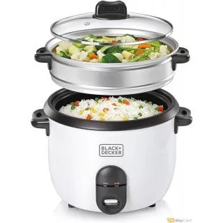 BLACK+DECKER Rice Cooker 14 Liter with Steaming Basket, Removable Non-Stick Bowl, White